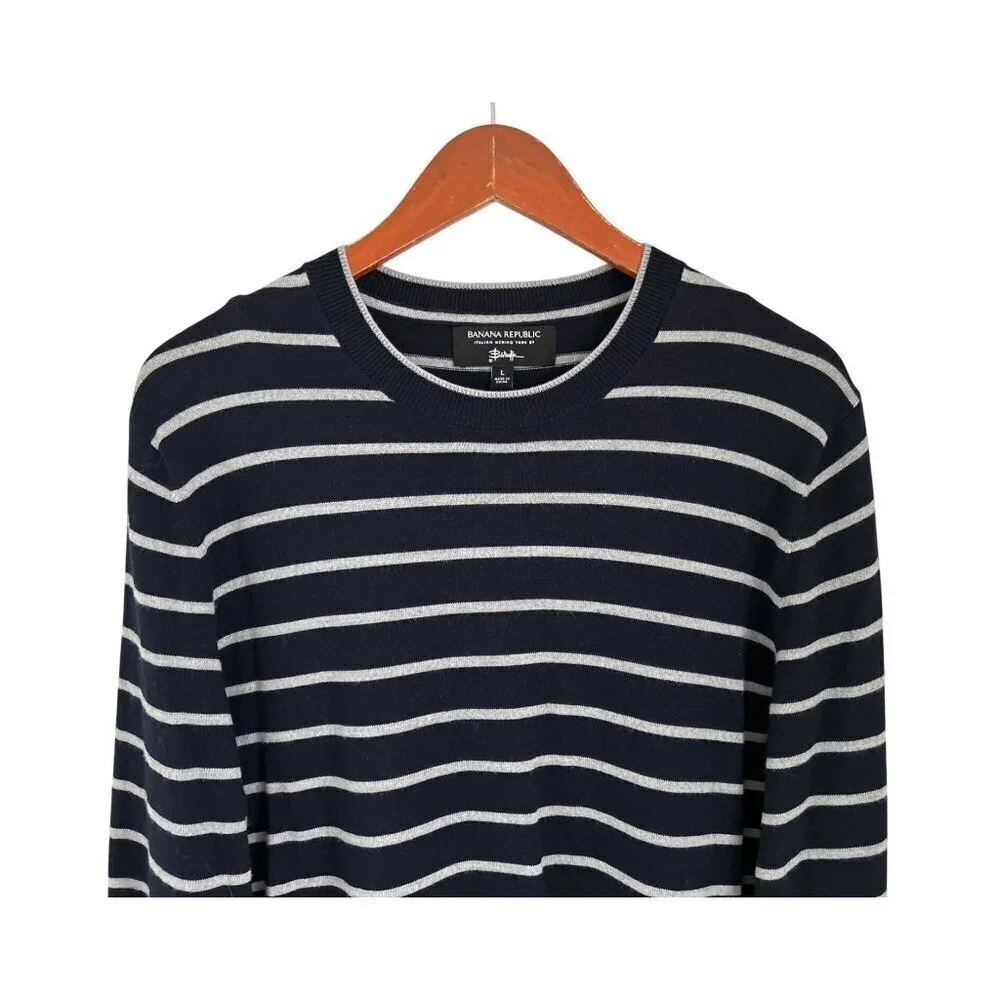 Banana Republic Baruffa Sweater Italian Merino Blue White Stripe - Large